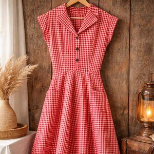 Handmade Red Gingham fit and flare Dress Pockets Vintage Style